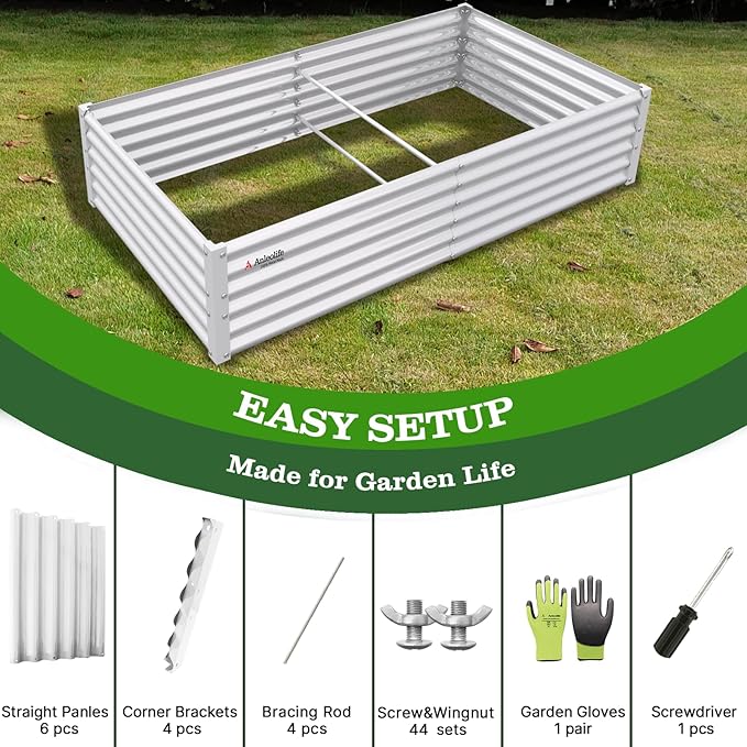 A ANLEOLIFE 6X3X1.5 ft Galvanized Raised Garden Beds Outdoor, Rectangular Metal Planter Box for Planting Vegetables Flowers Herb, Anti-Rust & Easy-Setup, Antique White