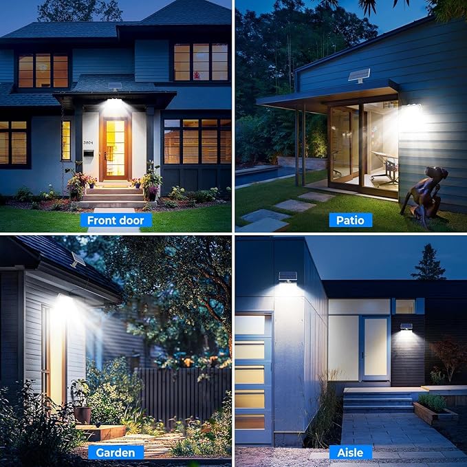 Peasur 1 Pack Solar Motion Lights Outdoor, 318 LED Solar Security Light with 3 Modes, IP65 Waterproof Powered Flood Lights for Outside Patio Garage Yard, (Cool Light,White Frame)