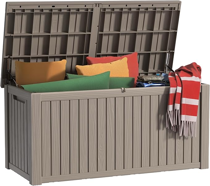 200 Gallon Outdoor Deck Box, Lockable Waterproof Outdoor Storage Boxes For Garden Tools,Indoor Cushions,Accessories Outside Storage Resin Weatherproof Container(Grey)