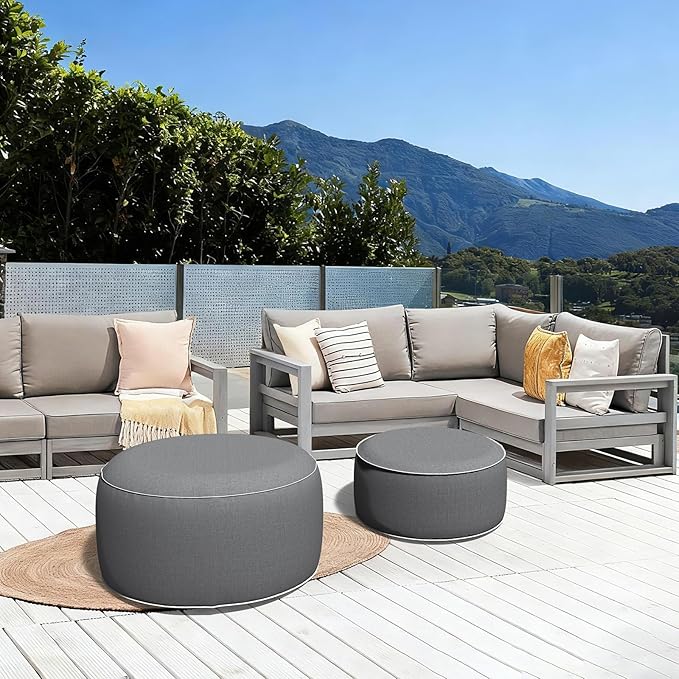 LVTXIII Inflatable Stool Ottoman Footrest with Handle, All Weather Footrest Seat, Indoor or Outdoor Pouf for Home Patio Garden and Camping Use, D31 xH14, Large Round, Grey Texture