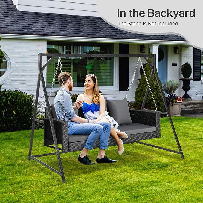 Outvita Porch Swing, 5FT Hanging Outdoor Porch Swings for Adults, Wicker 3 Person Patio Swing, with Cushion, Pillow and Chain for Garden, Backyard, Weight Capacity - 1000lbs