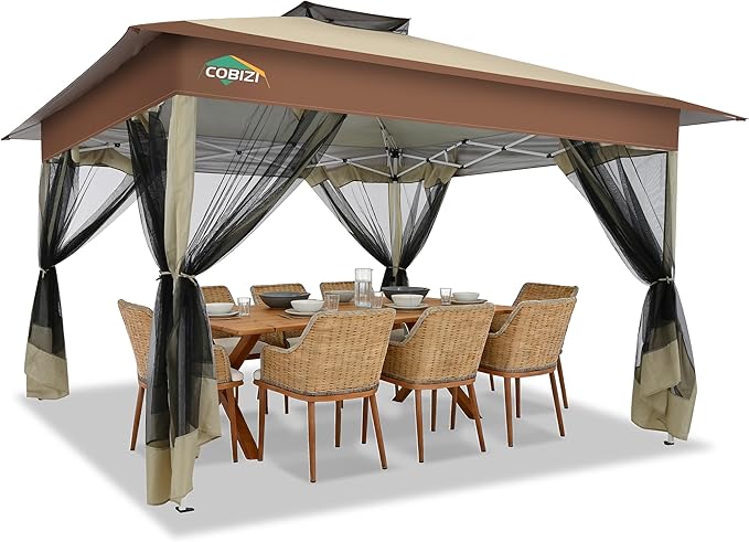 COBIZI 13x13 FT Pop up Gazebo on Clearance - Outdoor pop up Canopy Tent,carpas para Patio, Shelter - Screen Tents with Portable Carry Bag, Patio Gazebos for Camping,Garden,Deck,Backyard,Khaki