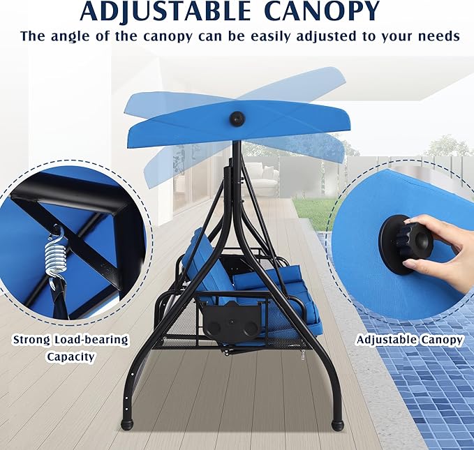 Grepatio Outdoor Porch Swing with Canopy and Stand, 3 Person Patio Swing for Adults, Convertible 2 in 1 Porch Bed Swing with Cup Holder, 3 Seat Swings with 2 Pillow Cushions for Garden, Yard (Blue)