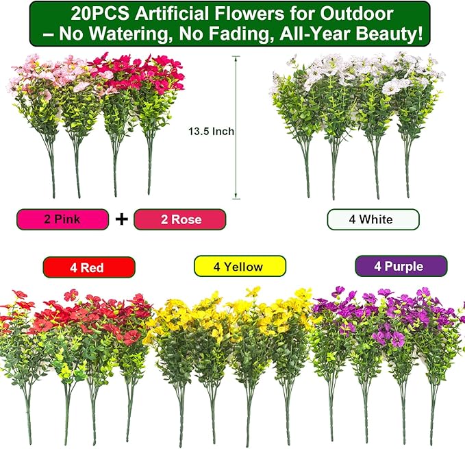 20 Bundles Artificial Flowers for Outdoors, UV Resistant Fake Plants Flowers Greenery Shrubs Plants for Decoration Outside Plants Hanging Planter Home Garden Decor (Mix（6 Color）)