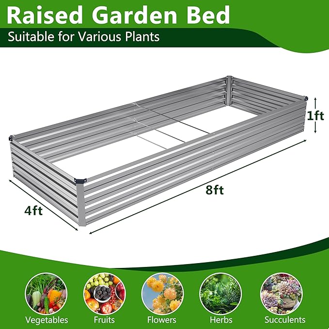2PCS 8x4x1ft Galvanized Raised Garden Bed Kit,Metal Planter Box for Vegetables,Flowers,Herbs Durable Rust-Resistant Patio Gardening Beds,Silver