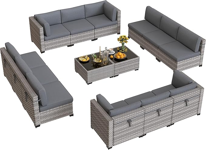 12-Seat Modular Patio Furniture Set – Outdoor Wicker Sectional Sofa with Thick 4″ Cushions, Dual-Strand PE Rattan, Rust-Resistant 18 mm Steel Frame, Backyard Garden Deck Lounge,Gray
