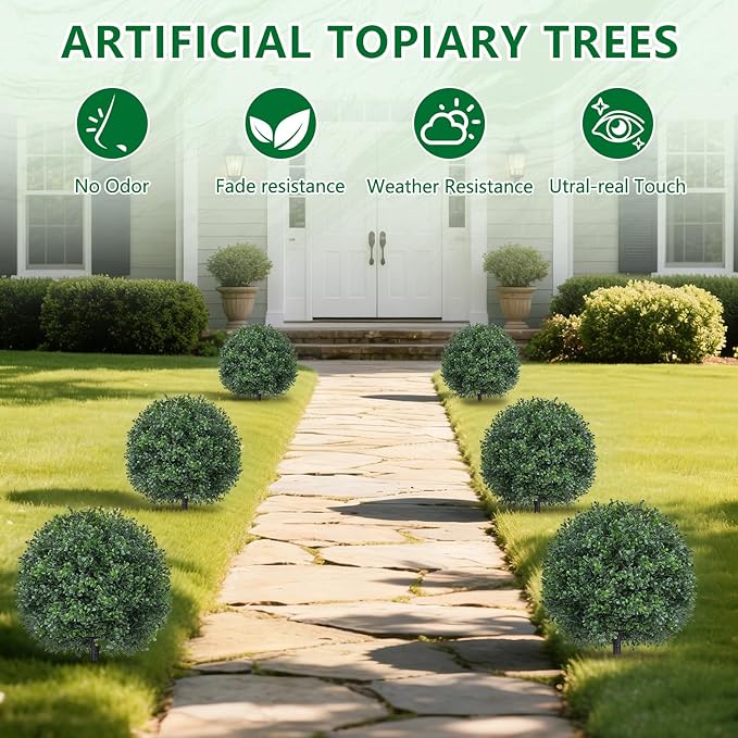 Artificial Boxwood Topiary Trees with Ground Spike,2 Pieces Fake Pine Shrubs Bushes, UV Resistant Faux Evergreen Cypress Tree Plants for Indoor Outdoor Planters Front Porch