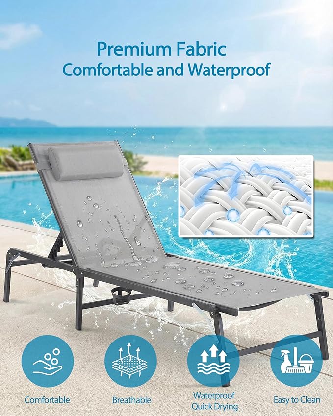 2 Pack Foldable Chaise Lounge Chair with Cup Holder, Assemble-Free Outdoor Lounge Chair with Detachable Pillow and 6 Adjustable Backrest, Patio Lounge Chair for Outside Poolside Beach Pool, Grey