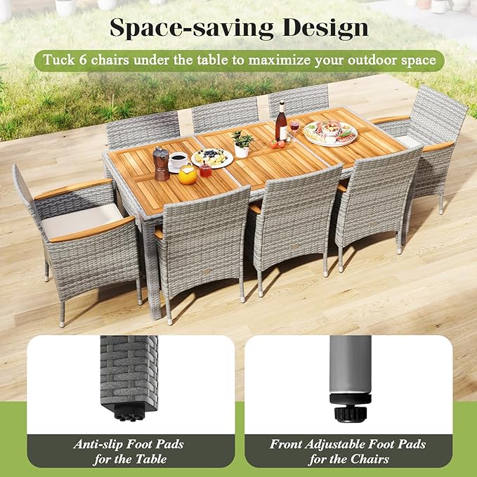 Tangkula 9 Pieces Patio PE Wicker Dining Set, Outdoor Acacia Wood Table and Chairs for 8 with Cushions and 2" Umbrella Hole, Outdoor Dining Furniture Set for Deck, Garden and Yard (Mix Grey+White)