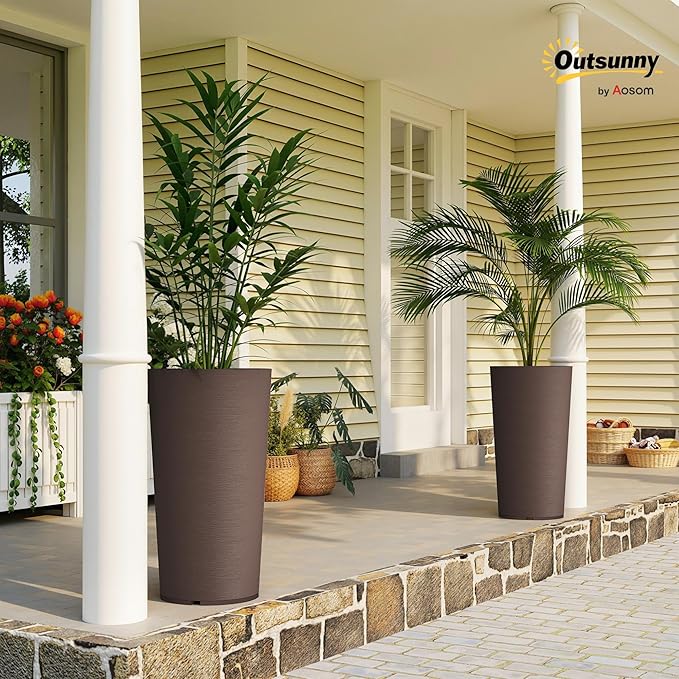 Outsunny 29 Inch Tall Planters for Outdoor Plants, Set of 2 Plastic Flower Pots with DIY Drainage Holes, Stackable Large Planters for Indoor Plants, Front Porch Decor, Brown