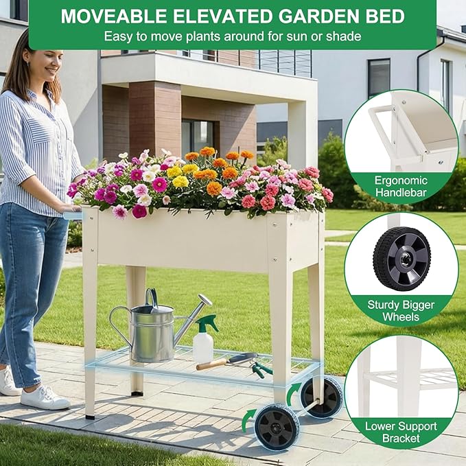 Elevated 32" Tall Raised Garden Bed with Legs and Wheels for Mobility, Metal Planter Boxes Outdoor with Shelf, Raised Bed for Gardening Vegetables/Herbs, Backyard, Patio, Balcony, White