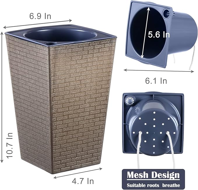 2 Pack Self Watering Planters 10.7" x 6.9" Planter for Indoor Plants Self Watering Violet Pots Plastic Flower Pots Square Planter with a Bag of Clay Pebbles, Bronze