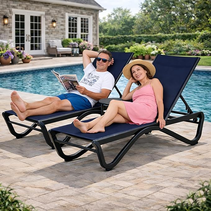 Kozyard Outdoor Chaise Lounge Chair, Full Aluminum Frame, Adjustable Reclining Patio Lounger for Poolside, Sunbathing & Backyard, Textilene (NavyBlue)