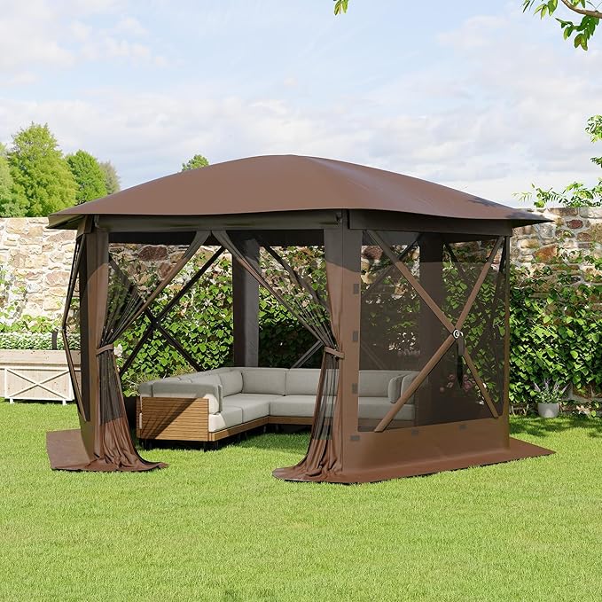 11.5x11.5FT 6-Sided Pop Up Gazebo Tent，One-Push Setup Canopy Tent with Mesh Panels & Removable Wind Cloths, Outdoor shelter for Camping, Backyard Parties, Outdoor Events - Beige & Khaki