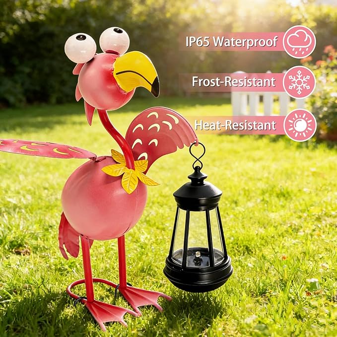 Solar Flamingo Statue with Lights,13in Tall Solar Flamingo Garden Sculptures, Birthday Gift for Woman Grandma Big Metal Decorative for Outdoor Patio Porch Ornaments Lawn Yard Balcony