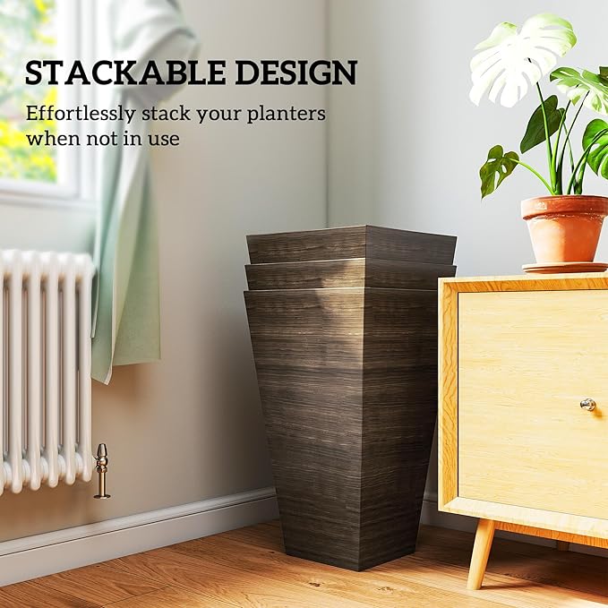 Outsunny Tall Planter for Outdoor Plants Set of 3, 28 Inch Taper Planter with Drainage Holes, Wood Grain Decor Garden Pot for Indoor Outdoor Porch Patio Backyard, Brown