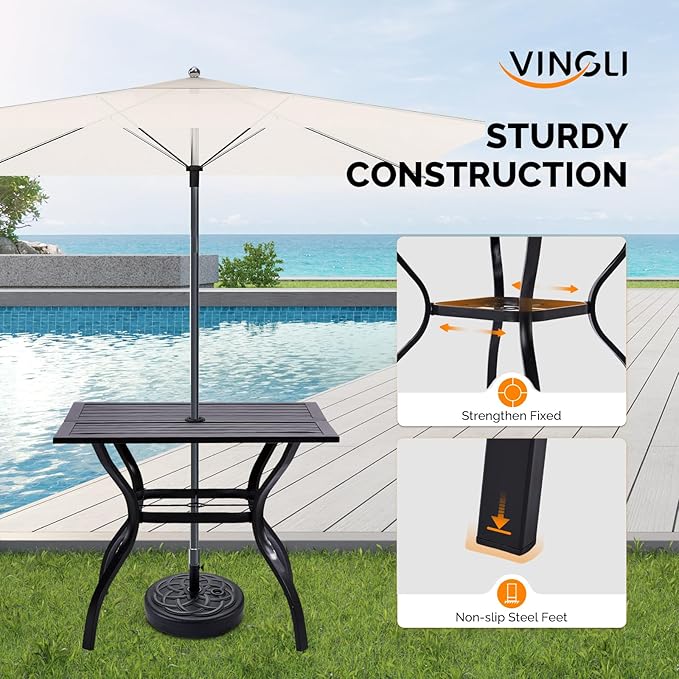 VINGLI 5-Piece Outdoor Dining Set, Metal Patio Dining Set for 4, Square Dining Table with Umbrella Hole & 4 Patio Chairs for Porch, Balcony and Backyard