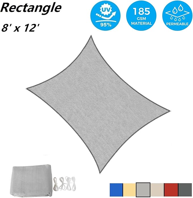 AsterOutdoor Sun Shade Sail Rectangle 8' x 12' UV Block Canopy for Patio Backyard Lawn Garden Outdoor Activities, Gray