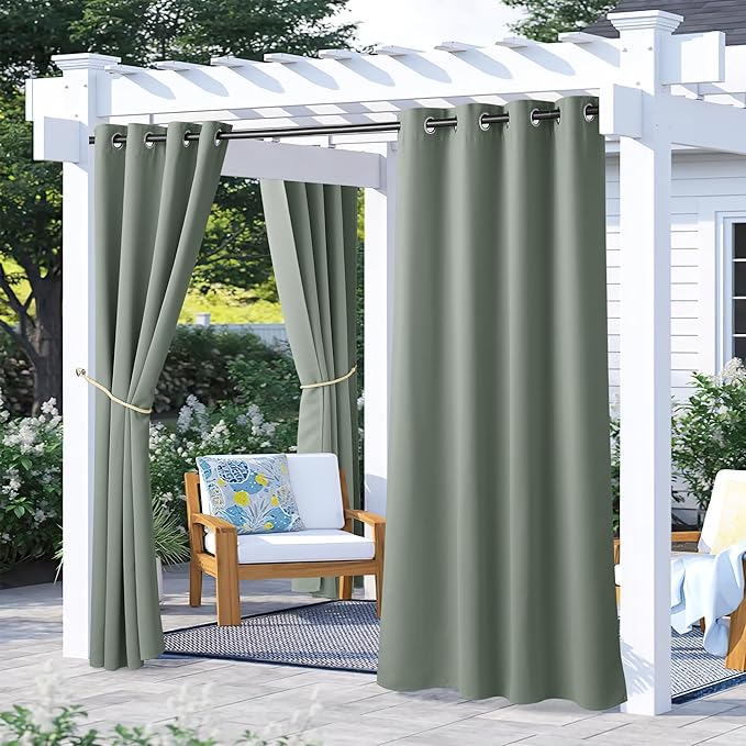 NICETOWN 2 Panels Sage Green Blackout Outdoor Curtains for Patio Waterproof, Rustproof Grommet Room Darkening Thermal Insulated Window Treatments for Front Porch & Canvas, W52 x L72