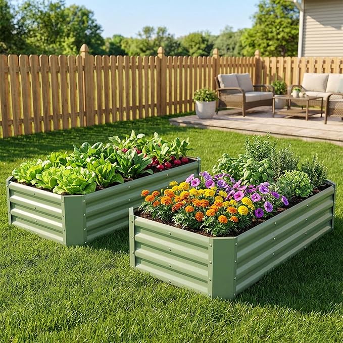 INNO STAGE 2 Pcs 4×2×1ft Galvanized Raised Garden Bed Kit, Galvanized Planter Raised Garden Boxes Outdoor, Large Metal Raised Garden Beds for Vegetables, Flowers, Herbs, and Succulents, OliverGreen
