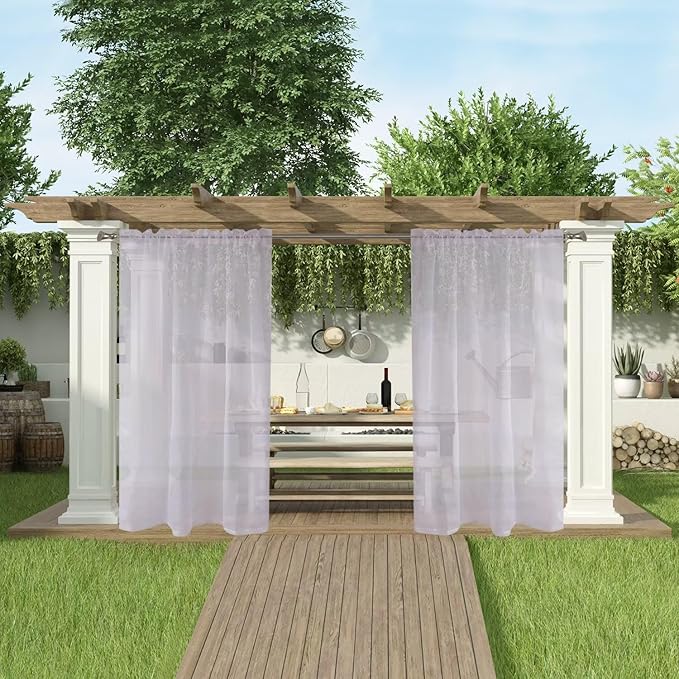 SpaceDresser Waterproof Outdoor Sheer Curtains for Patio - 4 Panels Rod Pocket Indoor Voile Sheer Curtain for Living Room,52W x 96L inch, Silver Grey
