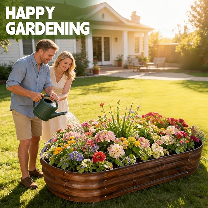 Galvanized Raised Garden Bed Outdoor, Large Raised Bed for Gardening, 2Pcs 6x3x1ft Oval Metal Planter Box for Vegetables, Fruits, Flowers, Dark Brown Wood Grain