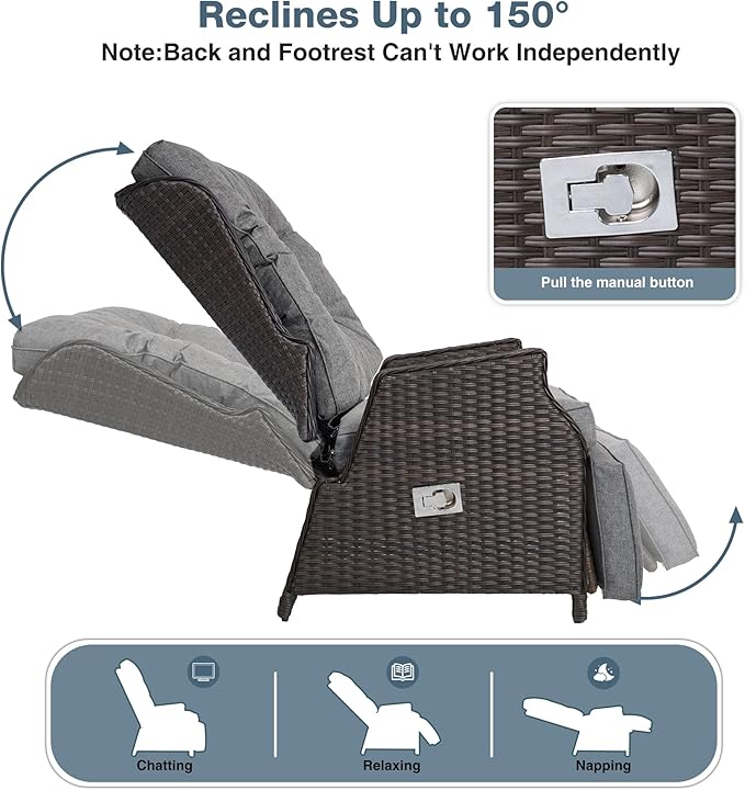 Outdoor Indoor Wicker Recliner with Adjustable Back and Footrest, Patio Reclining Chair with Flip-up Table, Outdoor Rattan Lounge Chair, Grey