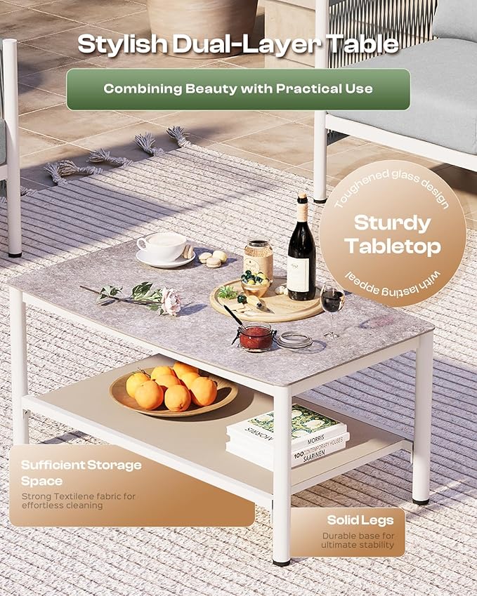 Aluminum Outdoor Patio Furniture Set with Dual-Layer Coffee Table, 4 Piece Modern Patio Conversation Sets with PE Rope, Outdoor Sectional Sofa with Thick Cushions for Balcony, Deck, White