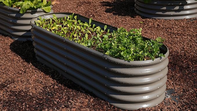 A ANLEOLIFE Set of 14 18 Inch Tall Raised Garden Beds Kit, Heart-Shaped, Long Oval & Round Metal Planters – Ideal for Creative Garden Layouts, Quartz Grey