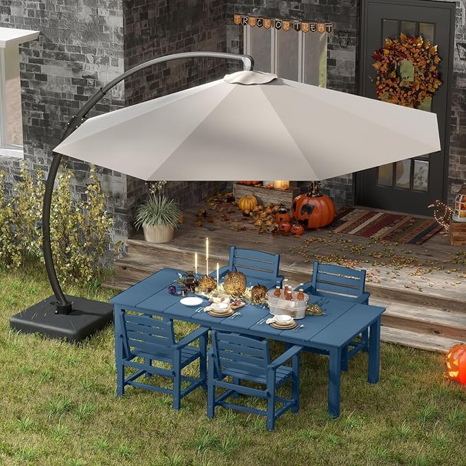 7-Piece Navy Blue Outdoor Dining Set with Beige 11FT Large Patio Umbrella, 75.2'' HDPE Table & Chairs for 6, Weather-Resistant Furniture with Umbrella Hole for Patio, Lawn, Poolside