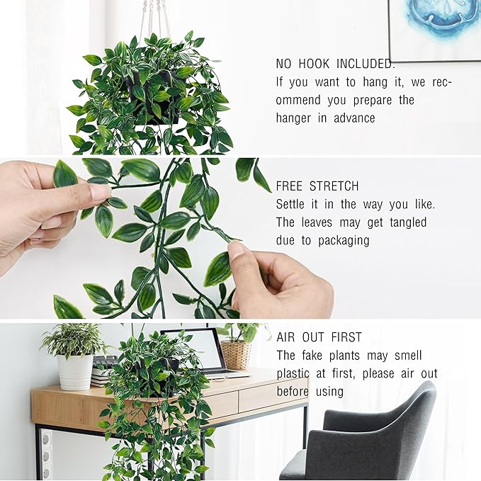Waipfaru 2Pcs Fake Hanging Plants with Pot Deep Green Eucalyptus Leaves UV Resistant Fake Vines Ivy Artificial Plants Outdoor Faux Plants Indoor Bedroom Living Room Boho Wall Porch Shelf Decor