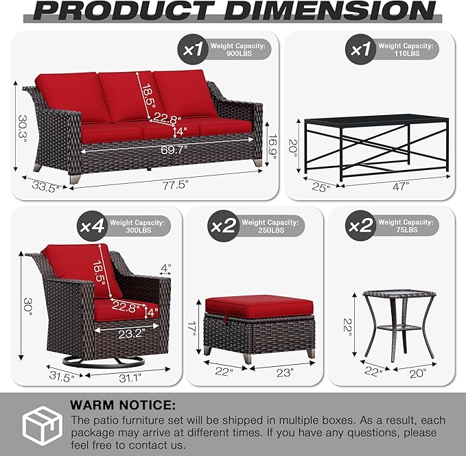 Joyside Wicker Patio Furniture Sets, 10 Pieces Upgraded Large Size Outdoor Furniture with 4 Swivel Rocking Patio Chairs, 3-Seat Sofa, Outdoor Ottoman, Thick Cushions, Wide Armrest, Red