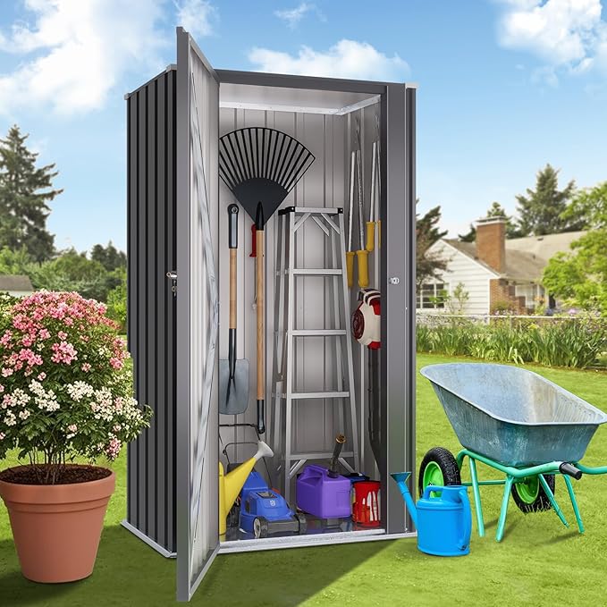 Greesum Outdoor Metal Storage Cabinet, 55'' Lockable Tall Shed, Vertical Tool Organizer Without Shelves for Garage, Patio, Backyard, Home & Lawn, Black