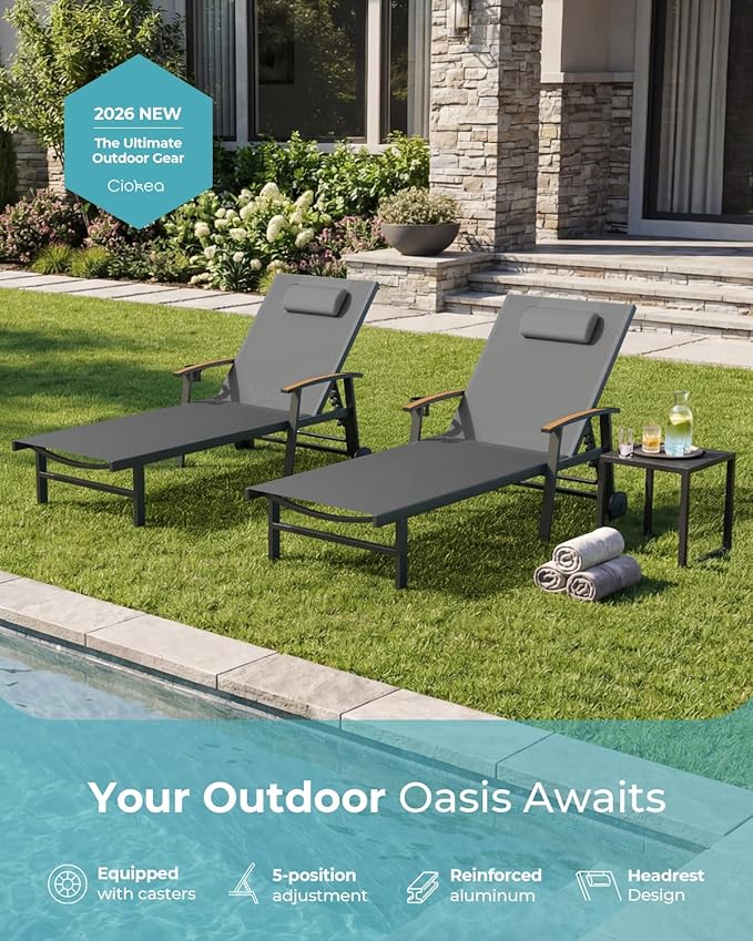 Ciokea Outdoor Lounge Chair with Pillow Set of 4, 5-Position Chaise Lounge with Wheels & Armrests, 400 lbs Heavy Duty Aluminum Pool Lounge Chairs, for Beach, Deck, Poolside & Backyard, Grey