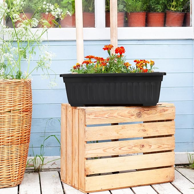GREANER Rectangle Planters for Indoor Plants, 6 Pack 16.9x7.48 Inch Large Vegetable Flower Herb Window Boxes, Outdoor Plastic Growing Pots with Tray for House Windowsill Balcony Garden Use (Black)