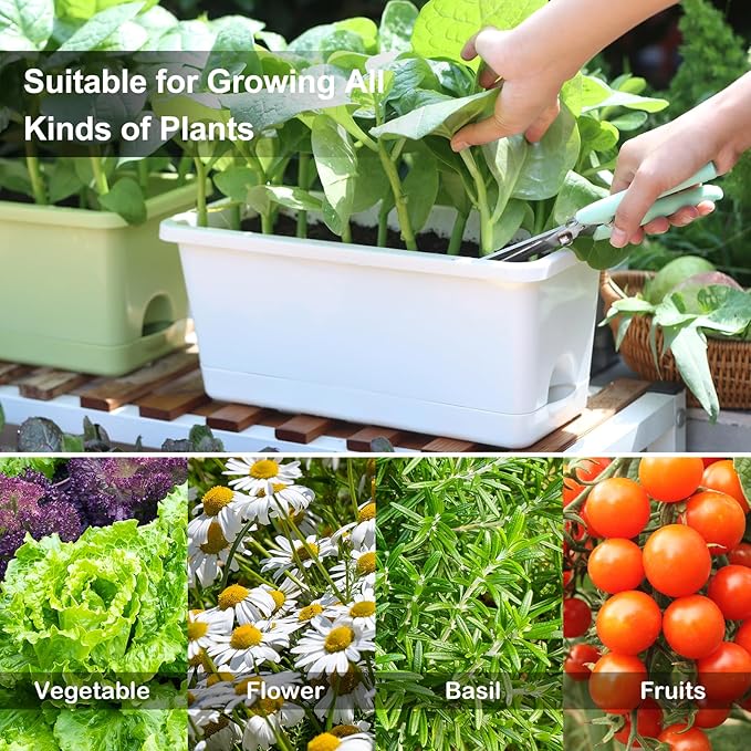 Window Box Planter 6 Packs, 13.8 Inches Rectangle Flower Pots with Drainage Holes & Trays, Pots for Vegetables, Herbs, Flowers, Garden Windowsill Balcony (White)