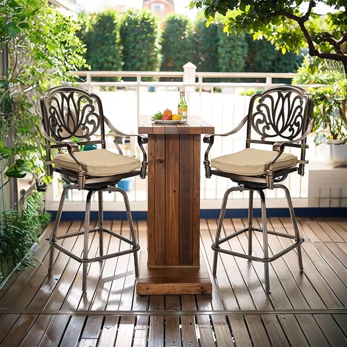 VINGLI Outdoor Swivel Bar Stools Set of 2, Cast Aluminum Patio Bar Height Chairs, All-Weather Bar Dining Chairs Outdoor Swivel Patio Furniture (Elizabethan Back)
