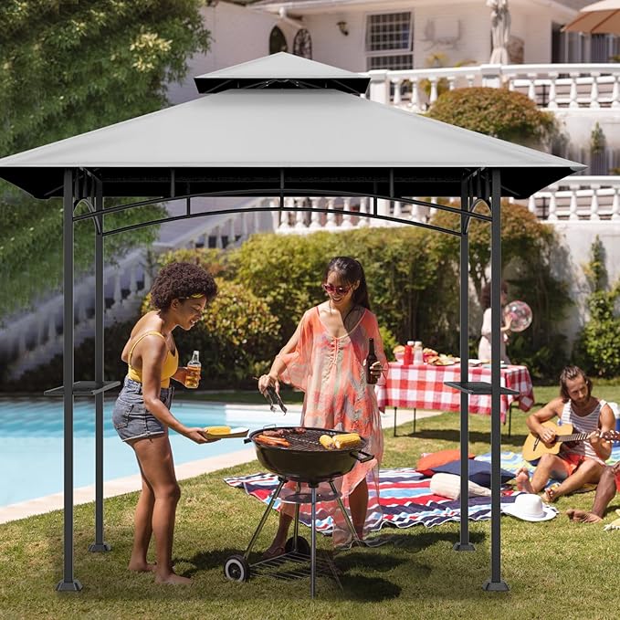 Grill Gazebo Replacement Top, 5 * 8 Outdoor BBQ Top Cover, Double Layer BBQ Gazebo Top Canopy for Model #L-GG001PST-F (Gray)