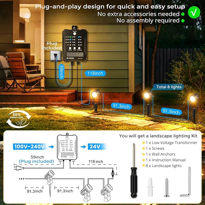 Plug and Play Low Voltage Landscape Lighting Kit, 8-Pack Wired Landscape Lights with Smart Transformer, Warm White Waterproof Outdoor LED SpotLights for Yard, Garden, Pathway, Tree