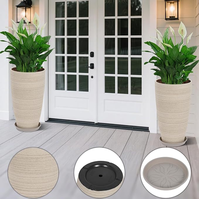 Set of 2 Tall Planter, 21 inch Large Plastic Planter with Drain Hole & Saucers, Large Outdoor Planters for Porch, Garden, Patio, Balcony(Oat Color)