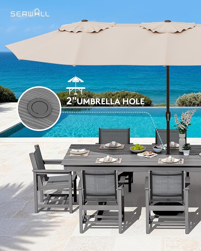 SERWALL 9 Piece Outdoor Dining Set, 84" HDPE Outdoor Large Table and Texilene Chairs for 8，All Weather Patio Dining Furniture Set with Umbrella Hole for Backyard, Garden, Gray