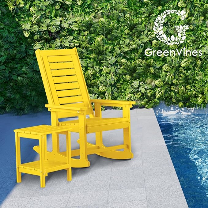 GREENVINES Outdoor Rocking Chairs | Set of 2 | Porch Rocker | HDPE Plastic | Yellow | Oversized Rockers | High Back | Big & Tall | Ladder Back | for Patio Outside Backyard Balcony Garden