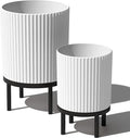 Veradek Demi Series Round Planter w/Stand for Porch/Patio | Durable Plastic-Stone Composite & Wooden Stand | Modern Décor for Tall Plants, Flowers