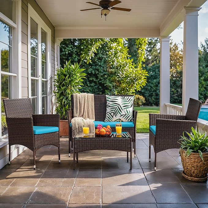Homall 4 Pieces Patio Rattan Chair Wicker, Outdoor Indoor Use Backyard Porch Garden Poolside Balcony Furniture Sets (Blue)