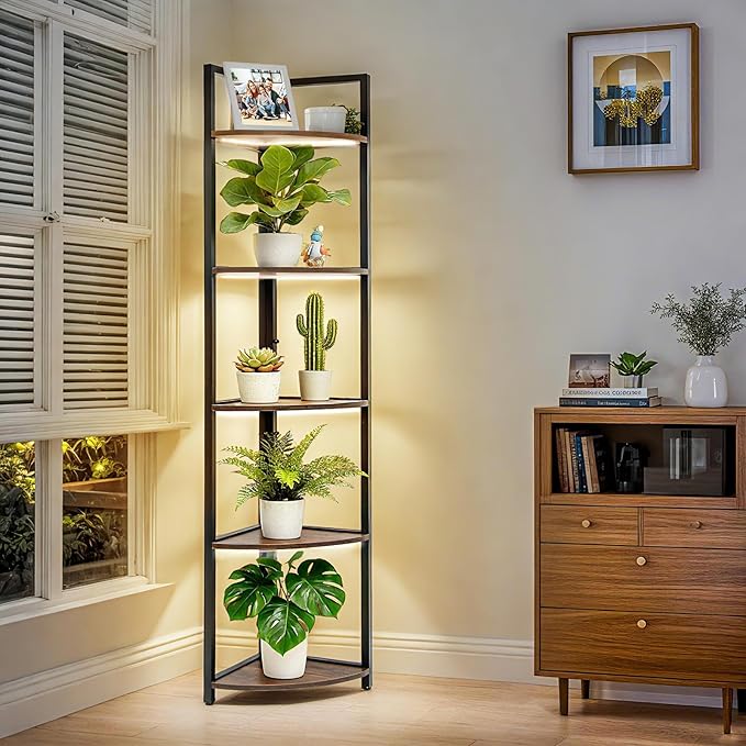 Corner Plant Stand with Grow Light Shelf 5 Tiered Plant Stand 59” Tall Flower Holder with 4 LED Grow Light Flower Stands for Indoor Plants Wood Corner Shelves for Plants Outdoor