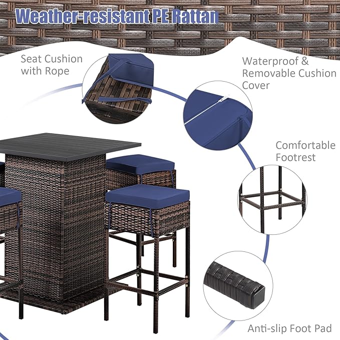 Tangkula 5 Piece Outdoor Rattan Bar Set, Patio Bar Furniture with 4 Cushions Stools and Smooth Top Table with Hidden Storage Shelf, Outdoor Conversation Set for Poolside, Backyard, Lawn (Navy Blue)