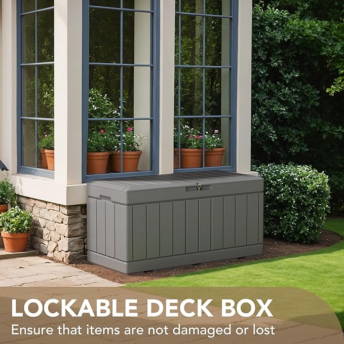 Devoko 85 Gallon Deck Box Lockable Resin Outdoor Storage Box waterproof Outdoor Container for Patio Furniture Cushions, Pillow (Grey)