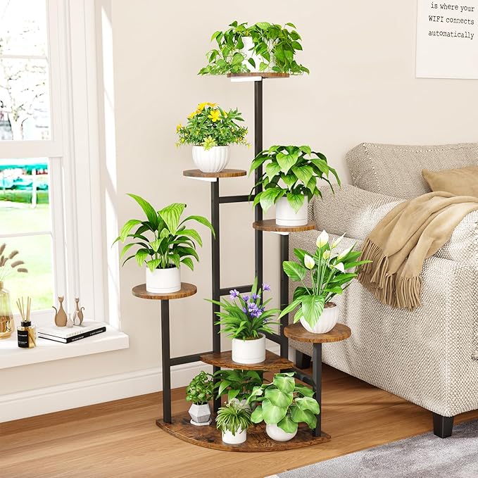 Corner Plant Stand with Grow Lights, 7 Tiered Plant Shelf Indoor, 43" Corner Plant Stands for Indoor Plants, Metal Plant Flower Display Shelves, Plant Organizer Rack for Living Room, Balcony, Home Decor（Round)
