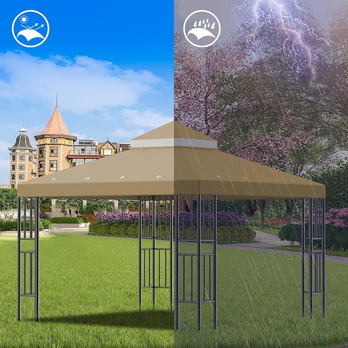 Sumfaller 10x10 FT Gazebo Replacement Canopy Top Cover Double Tiered Canopy Top Cover for Outdoor BBQ Roof Cover Grill Shelter (Brown)