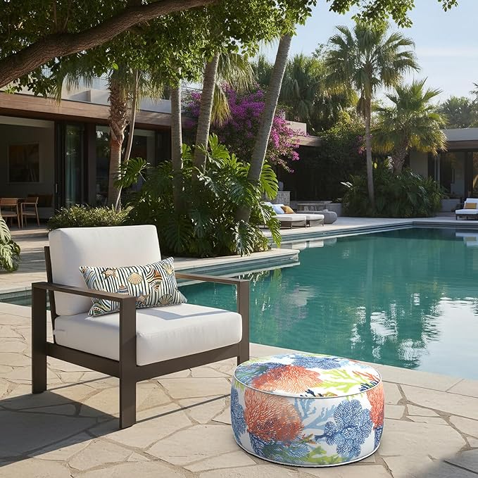 LVTXIII Outdoor Inflatable Footrest Stool, Patio Water Repellent Ottoman with Handle, Portable Round Ottoman Pouf for Garden, Balcony or Home Use, 21x21x9 Inch, Coral Multi